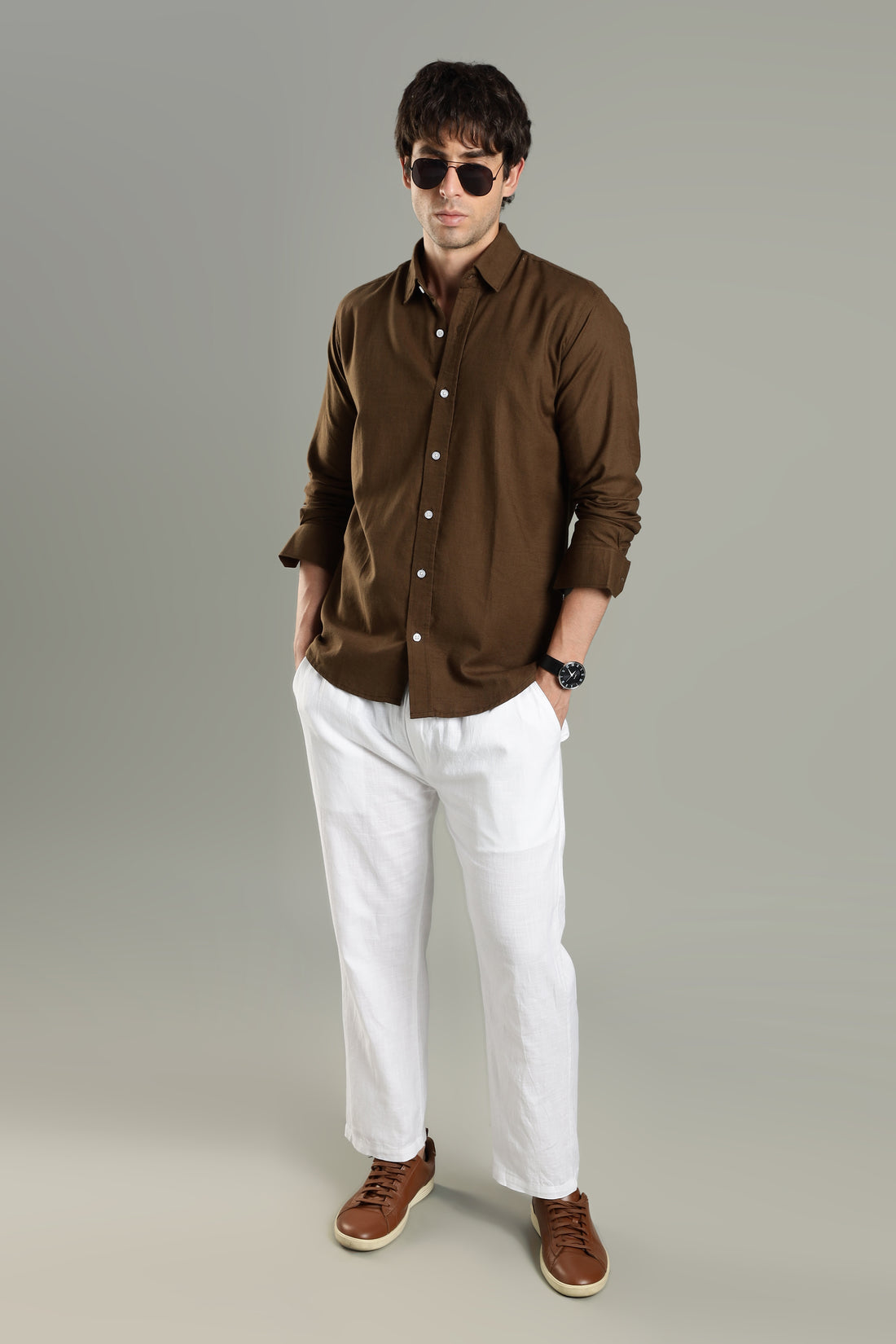 Prime Linen Top & Bottom Set Brown & White