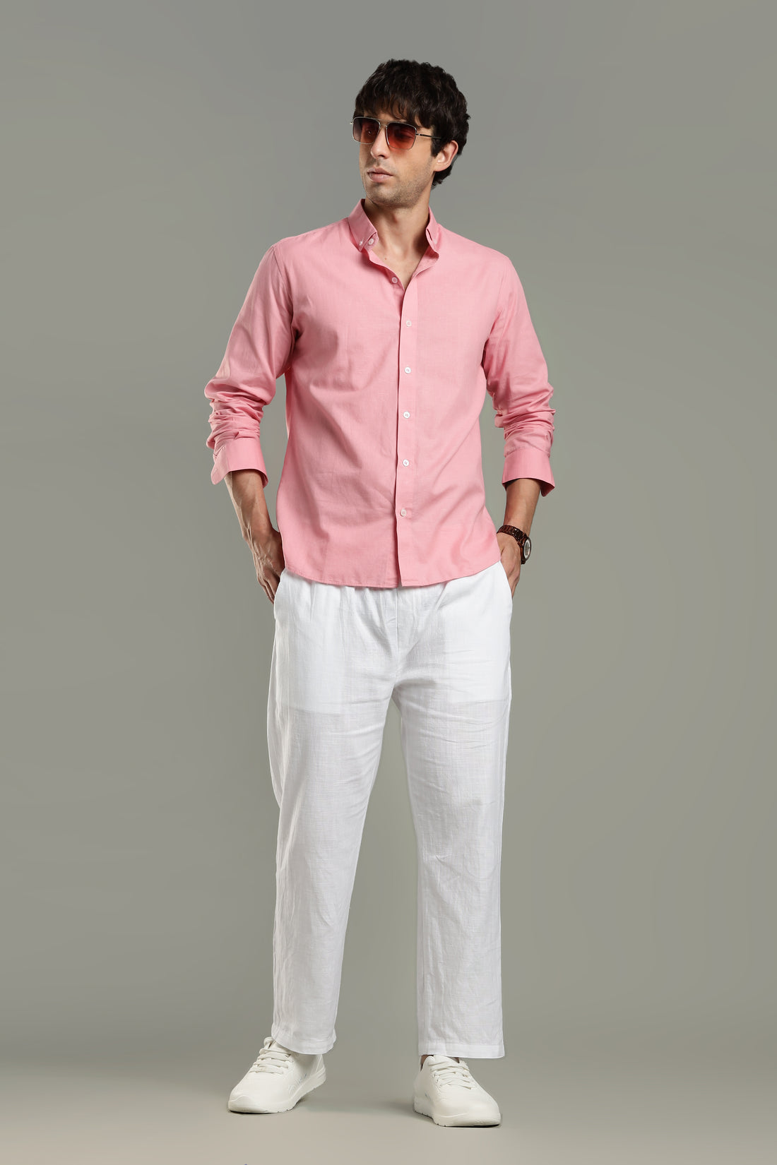 Prime Linen Top & Bottom Set Pink & White