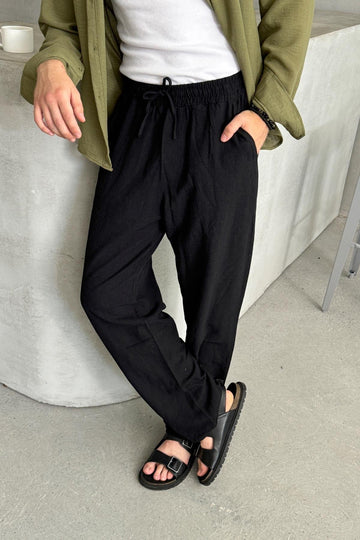 Linen Straight-Leg Trousers Black