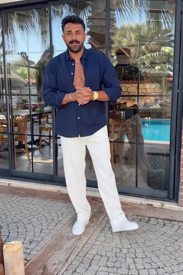 Linen Top & Bottom Set Navy & White - Special Edition