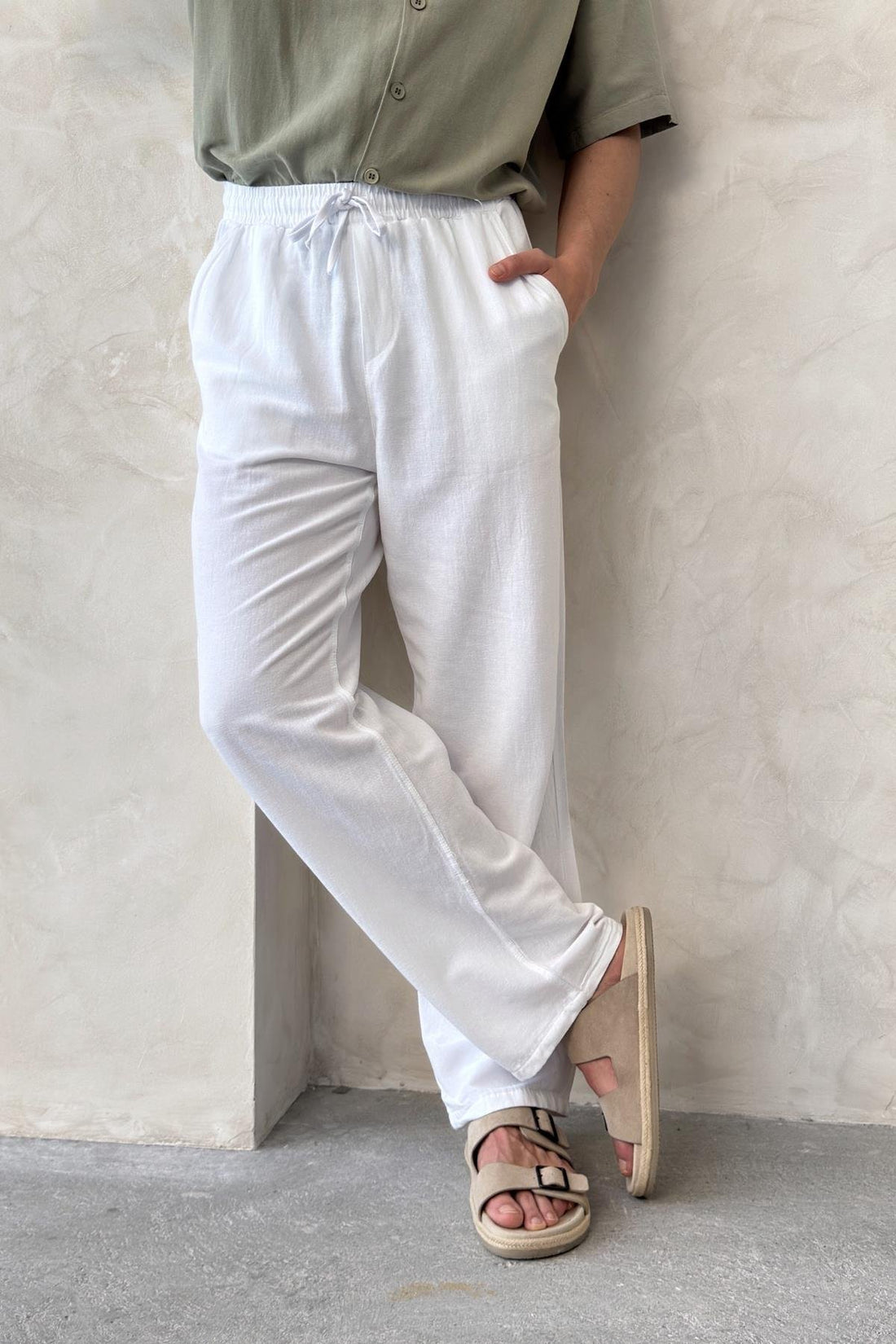 Linen Straight-Leg Trousers White