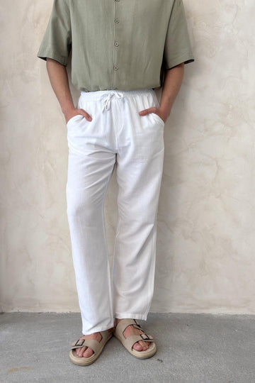 Linen Straight-Leg Trousers White